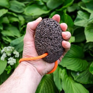 Puede incluir: Una piedra p&oacute;mez ovalada de color marr&oacute;n oscuro con una superficie porosa y texturizada. La piedra presenta un orificio circular cerca del borde inferior, por el cual pasa un cord&oacute;n trenzado de color naranja brillante formando un lazo.