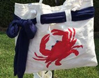 Beach Tote XL, Crab, Swarovski Crystals, Nautical, Recycled Sailcloth, Beach Bag, Repurposed Sailcloth, Gift, Gift for Her, Tropical