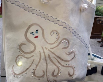 Beach Tote XL, Octopus, Swarovski Crystals, Nautical, Recycled Sailcloth, Beach Bag, Repurposed Sailcloth, Gift, Gift for Her, Tropical