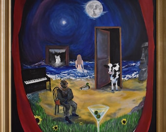 May include: A painting of a large open mouth with teeth, revealing a surreal landscape with a cow, a woman, a piano, a diver, a martini glass, and a duck. The scene is set against a blue night sky with a full moon.
