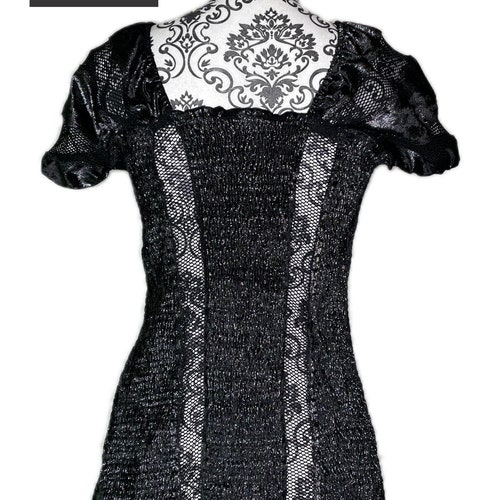 Gothic Black Shimmer Velvet Stretch Blouse “No More shops Angels” David Van Gough Artwear