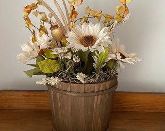 Silk floral arrangement | Fall home decor | Thanksgiving centrepiece | Country wood barrel | Sunflowers