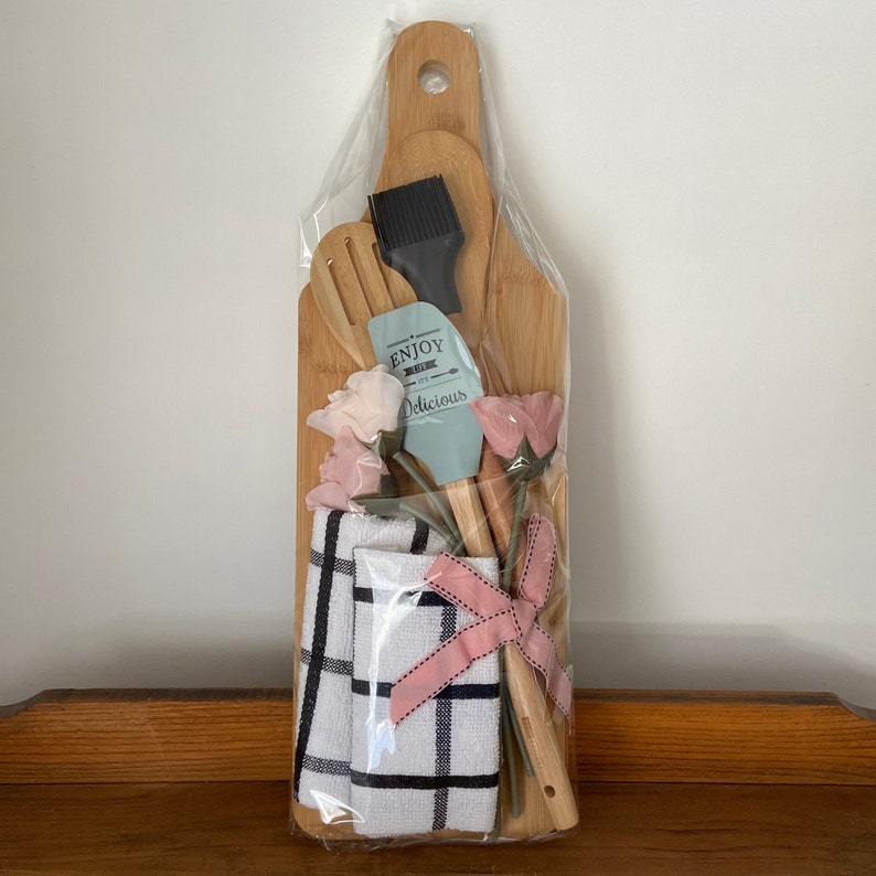 Kitchen Gift Idea Wooden Utensils Gift Basket Silk Roses Dishtowels