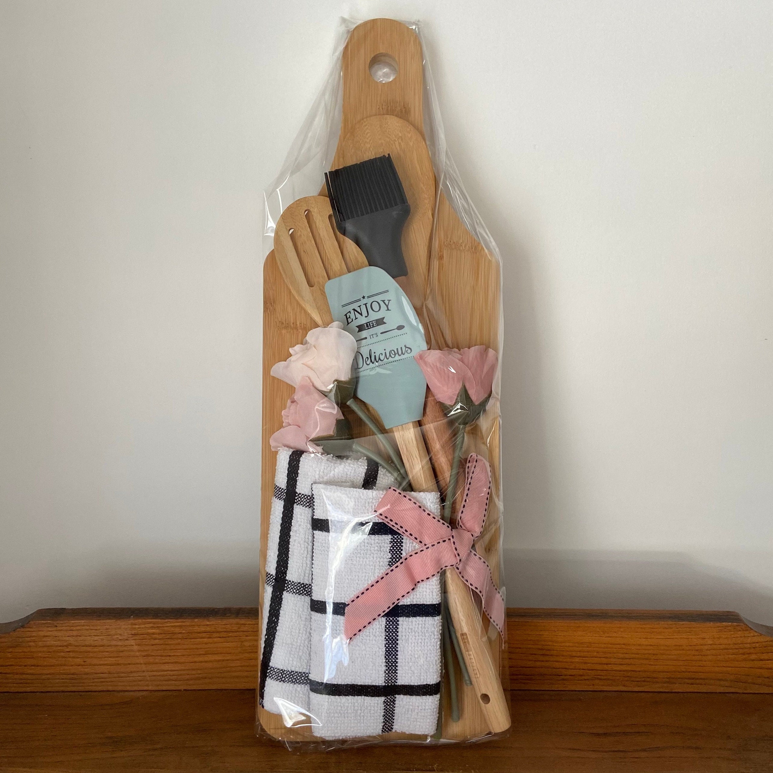 Kitchen Gift Idea Wooden Utensils Gift Basket Silk Roses Dishtowels ...