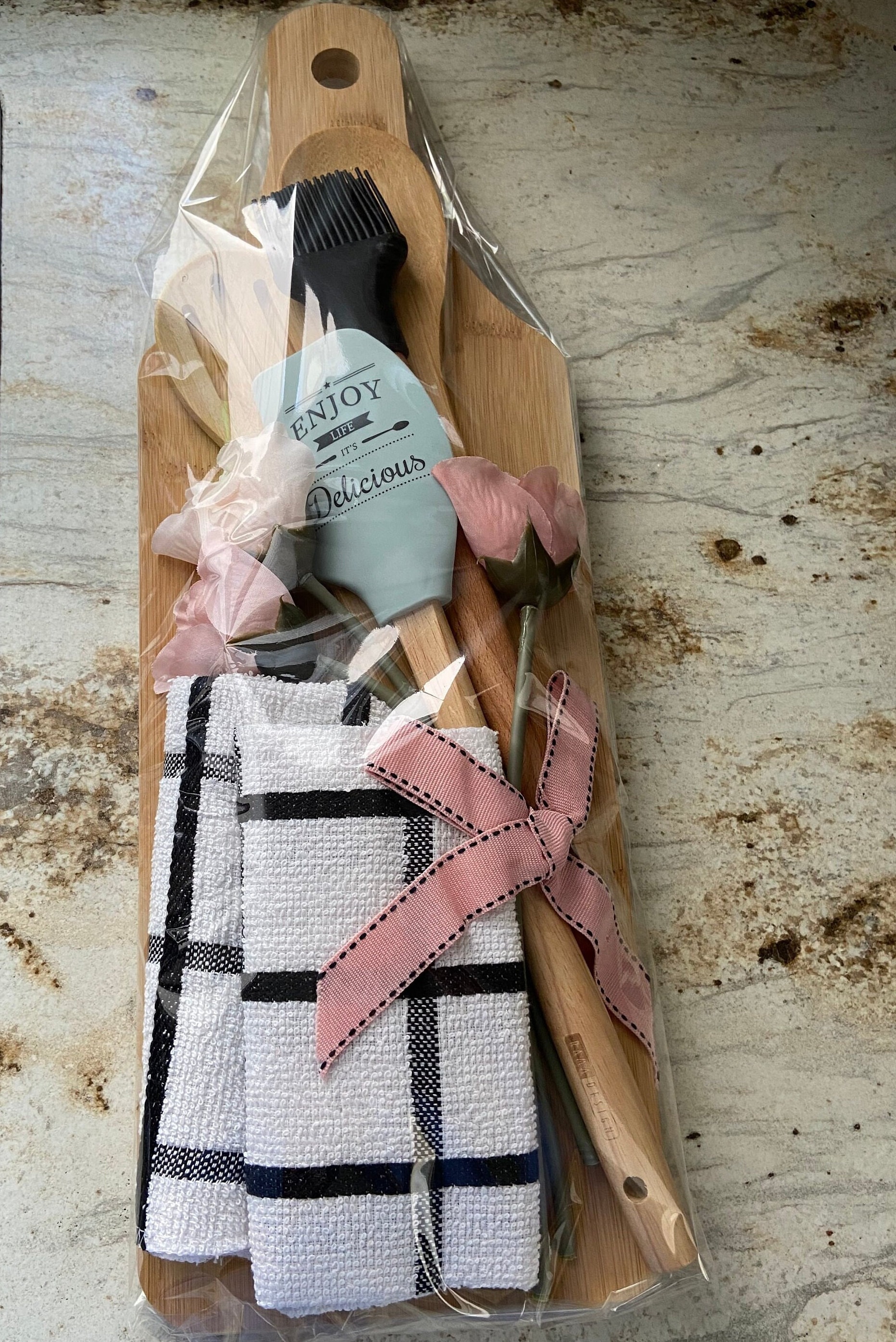 Kitchen Gift Idea Wooden Utensils Gift Basket Silk Roses Dishtowels ...