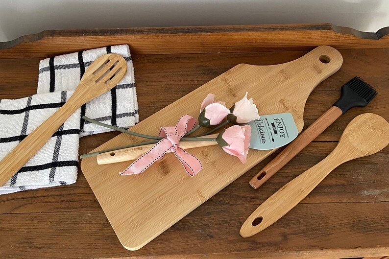 Kitchen Gift Idea Wooden Utensils Gift Basket Silk Roses Dishtowels