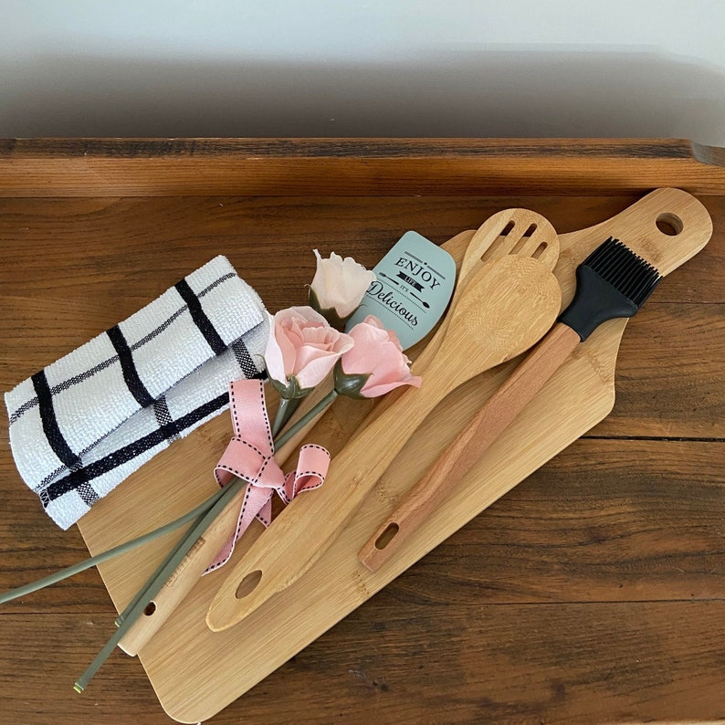 Kitchen Gift Idea Wooden Utensils Gift Basket Silk Roses Dishtowels