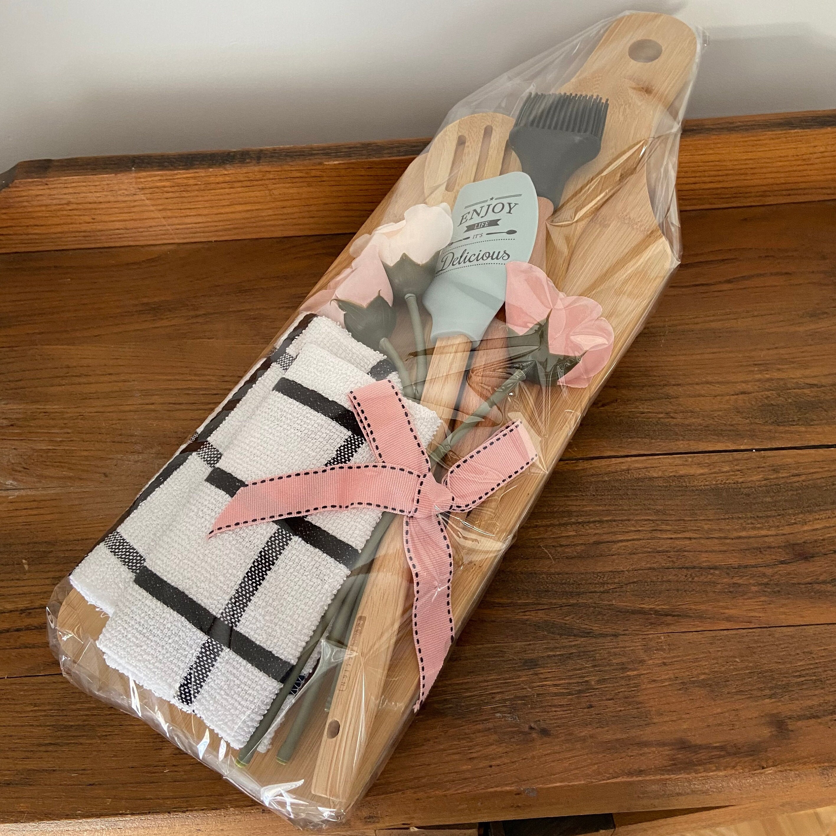 Kitchen Gift Idea Wooden Utensils Gift Basket Silk Roses Dishtowels ...