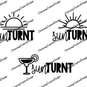 Puede incluir: Tres diseños gráficos en blanco y negro con el texto "SunTURNT". El primer diseño presenta un sol poniéndose sobre el océano. El segundo diseño presenta un sol poniéndose sobre el océano. El tercer diseño presenta una copa de margarita con una rodaja de lima.