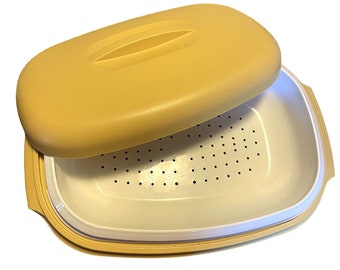 Tupperware Microwave Steamer Strainer Serving Dish Harvest Gold 3 Piece