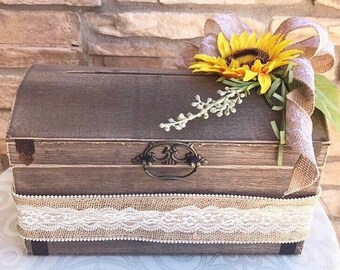 Sunflower wedding card box with slot, Rustic envelope holder