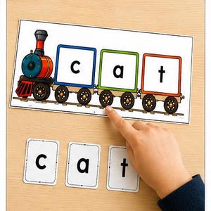 May include: A rectangular educational card featuring a colorful cartoon train with three square carriages. Each carriage displays a single lowercase letter, forming the word cat. Below the train are three separate cards with the letters c, a, and t.