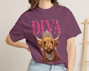 Diva Highland Cow Comfort Colors Tee, Funny Western Bling Shirt, Sassy Cow T-Shirt, Glam Animal Humor Top, Diva Cow Shirt, Cowgirl Gift