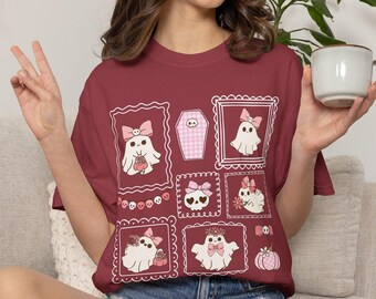 Pink Bow Ghost Shirt, Coquette Cute Ghost Top, Floral Spooky Tee, Girly Halloween Farmcore Style Comfort Colors T-shirt, Gift for Her