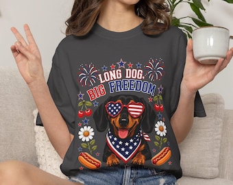 Long Dog, Big Freedom Dachshund July 4th Tee, Patriotic Hot Dog July 4 Comfort Colors T-Shirt, 250th Anniversary Shirt, USA Dog Lover Gift