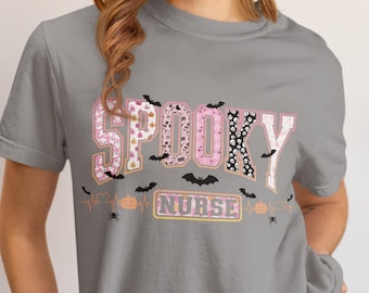 Spooky Nurse Halloween Shirt, Cute Feminine Halloween Print Comfort Colors T-shirt, Fun Varsity Coquette Halloween Tee for Nurses