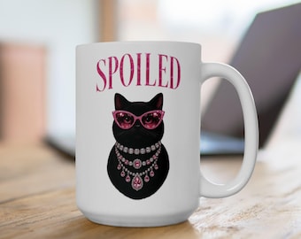 Spoiled Black Cat Coffee Mug 11oz, 15oz, Funny Kiva Kitty in Pink Sunglasses White Ceramic Mug, Cute Cat Lover Cup, Funny Cat Mom Gift