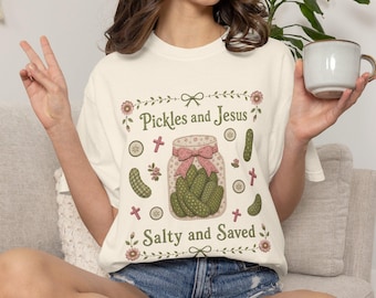 Pickles and Jesus, Salty and Saved Tee, Faux Patchwork Pickle Comfort Colors T-Shirt, Coquette Pickle Lover Shirt, Girly Gift for Foodie
