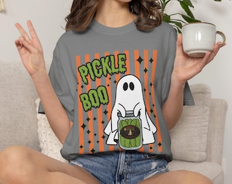 Pickle Boo Cute Halloween Tee, Pickle Ghost Striped Comfort Colors T-Shirt, Fun Halloween Pickle Lover Shirt, Spooky Gift for Foodie