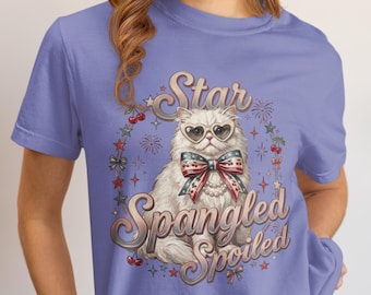 Star Spangled Spoiled 4th of July Cat Tee, Sassy Patriotic White Cat Comfort Colors T-Shirt, USA Persian Kitty Shirt, Independence Day Gift