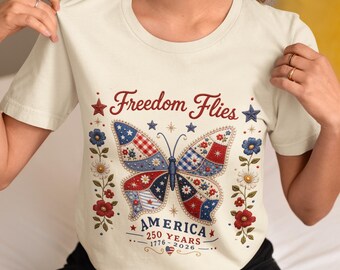 Butterfly Floral 250th Anniversary Comfort Colors Tee, Faux Patchwork Patriotic 4th of July Shirt, Freedom Flies T-Shirt, Boho Summer Gift