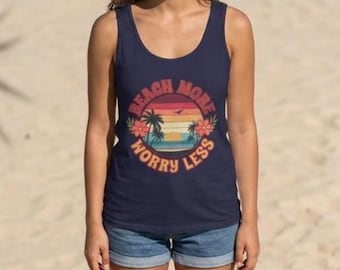 Beach More Worry Comfort Colors Tank Top, Retro Sunset Palm Trees Beach Shirt, Vintage Style Tropical Unisex Top, Surf Style Vacation Wear
