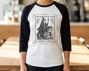 Medieval Wizard Riding a Frog Raglan Shirt, Wizard Bullfrog 3/4 Sleeve Shirt, Fantasy Woodcut Style Graphic Shirt, Animal Humor Unisex Top