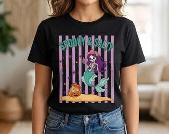 Spooky & Salty Skeleton Mermaid Halloween Tee, Summerween Beach Comfort Colors T-Shirt, Fun Spooky Summer Vacation Shirt Cute Creepy Coastal
