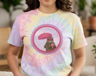 Tabby Cat with Umbrella and Ice Cream Spiral Tie-Dye Tee, Pastel Retro Vibe Kitty Shirt, Cutecore Kitten T-shirt, Cute Gift for Cat Lover