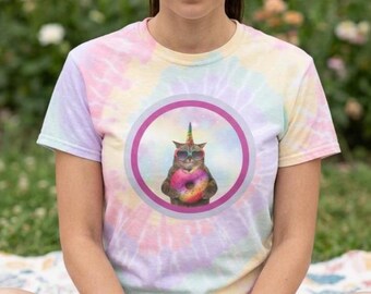 Unicorn Tabby Cat Holding a Donut Spiral Tie-Dye Tee, Rainbow Pastel Kitty Spiral Tee, Cutecore Tiger Cat Shirt, Fun Y2k Gift for Her
