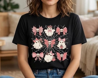 Kawaii Pink Ghosts and Bats Spiderweb Comfort Colors T-Shirt, Pastel Halloween Tee, Coquette Girly Halloween Apparel, Cute Fall Gift for Her