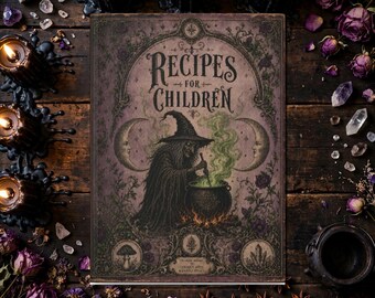 May include: A rectangular book titled Recipes for Children featuring an illustration of a witch in a pointed hat stirring a bubbling green cauldron. The cover has ornate borders, crescent moons, and floral motifs in muted purple tones.