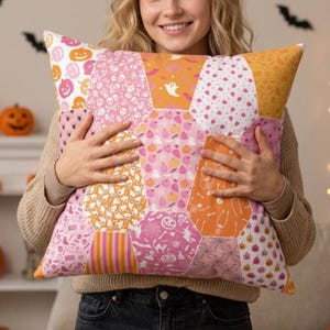 Faux Patchwork Pastel Coffin Halloween Pillow, Fun Pink Orange Halloween Faux Quilt Throw Pillow, Playful Fall Home Decor, Autum Decoration