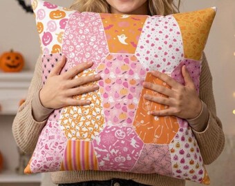 Faux Patchwork Pastel Coffin Halloween Pillow, Spooky Pink Goth Throw Pillow with Insert, Pastel Goth Fall Home Decor Gift for Her