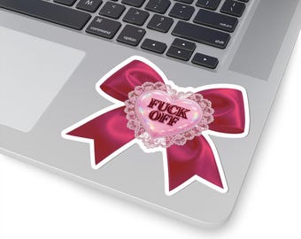 Coquette Satin Bow With Bow "Fuck Off" Kiss-Cut Sticker, Sassy Subversive Pink Holographic Heart with Lace, Cheeky Kawaii Stationary