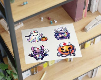 Cute Nurse Halloween Characters Stickers, Ghost Bat Pumpkin Sticker Sheet, Kawaii Medical Halloween Stickers, Fun Stationery Gift for Nurses