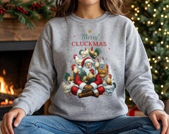Cute Christmas Chicken Sweatshirt, Merry Cluckmas Santa Sweatshirt, Country Farmhouse Poultry Comfy Sweatshirt, Farmcore Holiday Gift