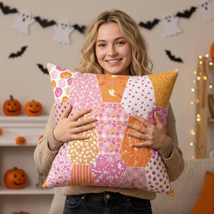 Faux Patchwork Pastel Coffin Halloween Pillow, Fun Pink Orange Halloween Faux Quilt Throw Pillow, Playful Fall Home Decor, Autum Decoration