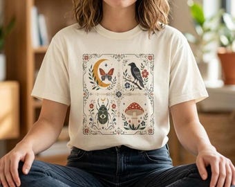 Cottagecore Fall Comfort Colors T-shirt, Goth Folk Art Collage Shirt, Spooky Woodland Tee, Crow, Moon, Mushroom, and Evil Eye Beetle Shirt