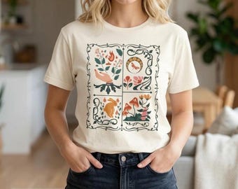 Folk Art Inspired Boho Comfort Colors Shirt, Cottagecore Botanical Spooky Nature Shirt, Mystical Boho Graphic Tee, Garment Dyed Fall T-shirt