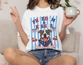 Freedom & Kisses Pitbull July 4th Tee, Stars, Stripes, and Puppy Love Patriotic Dog Comfort Colors T-Shirt, Cute Pitbull , Dog Lover Gift