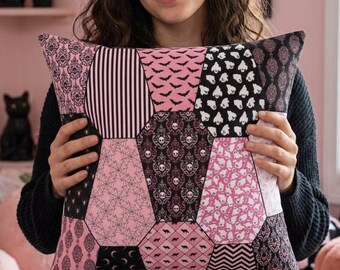 Faux Patchwork Pink Goth Halloween Pillow, Spooky Pastel Goth Coffin Throw Pillow with Insert, Cute Fall Home Decor Gift for Her