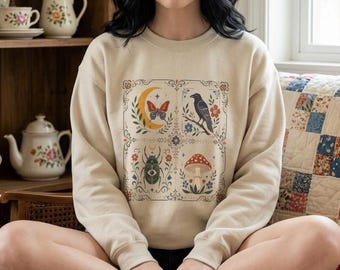 Cottagecore Fall Comfort Sweatshirt, Goth Folk Art Collage Shirt, Spooky Woodland Top, Crow, Moon, Mushroom, and Evil Eye Beetle Shirt