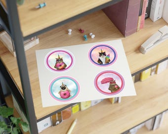 Cutecore Cat and Pug Dog with Donut, Ice Cream, Unicorn Horn Sticker Sheet, Cute Kawaii Round Kitty and Puppy Stationery, Animal Rainbow