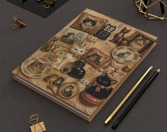 Vintage Thrifted Cat Collection Hardcover Journal, Retro Cat Ephemera Diary, Antique Kitty Hardcover Notebook, Cat Lover Stationary Gift