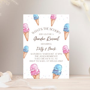 What&#39;s The Scoop Gender Reveal Invitation, Ice Cream Gender Reveal Digital Invitation, Digital Download, Canva Template, Instant Download