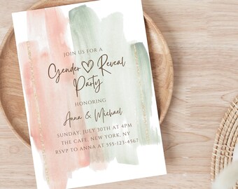 Sage and Pink Gender Reveal Invitation Digital, Green and Peach Gender Reveal Invitation Green and Blush Gender Reveal Boho Digital Download