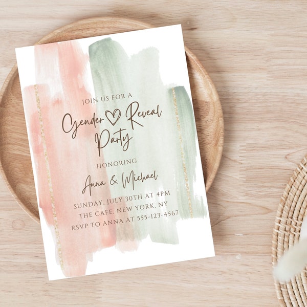 Sage and Pink Gender Reveal Invitation Digital, Green and Peach Gender Reveal Invitation Green and Blush Gender Reveal Boho Digital Download