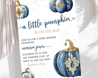 A Little Pumpkin Is On His Way Invitation, Blue Pumpkin Baby Shower Invitation, Fall Shower Invitation, Boy Baby Shower, Spooky Baby Shower