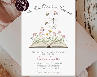 A New Chapter Begins Baby Shower Invitation, Storybook Shower, Flower Book Bow Digital Download Invite, Gender Neutral, Vintage Literary
